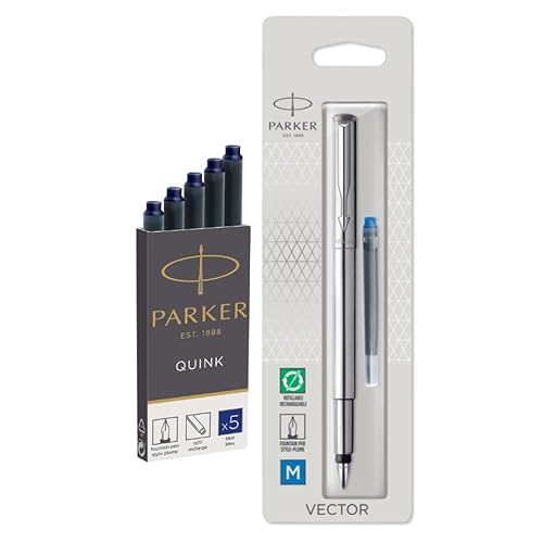 Parker Vector Füllfederhalter, Edelstahl mit Chromverzierung, mittlere Feder, blaue Tinte mit extra blauen Quink-Tinten