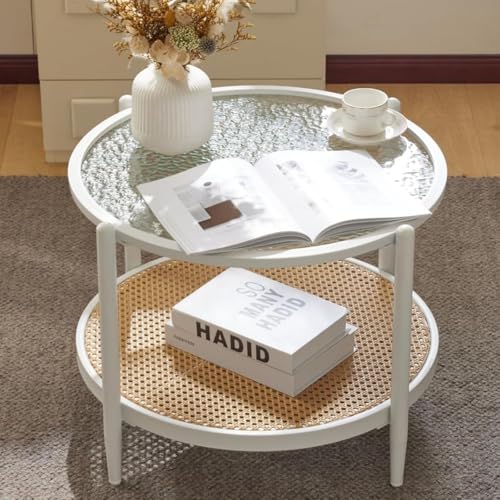 Image of VINGLI 25.6 inch Coffee Table for Living Room, Round Water-Wave Glass Metal Center Table, Modern Rattan Coffee Table with 2-Tier Storage, Farmhouse Circular End Table for Small Space, White