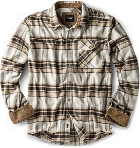 CQR Men's 100% All Cotton Button Down Flannel Shirts, Long Sleeve Brushed Warm Soft Casual Outdoor Plaid Shirt, Plaid Affogato, Large