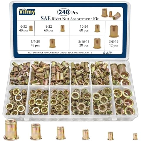 Vifmy SAE Rivet Nut Assortment Kit(240Pcs),#6-32#8-32#10-24 1/4"-20 5/16"-18 3/8"-16 UNC Rivnut Threaded Insert Nut Set,Zinc Plated Finish Carbon Steel Nutsert Cover