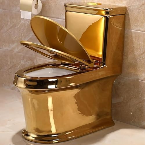 Asiento de inodoro dorado, inodoro de una pieza con descarga dual silenciosa para baño en casa u hotel, 300mm miniatura 1