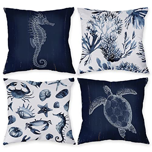 Znzd Coastal Marine Animal Seashell Starfish Sea Horse Sea Turtle Coral Crab Navy Blue Pillow Case,Decorate Home Living Room Bedroom Sea House,Ocean Lover Gift,18X18 Inch Throw Pillow Covers Set Of 4 #TOP13