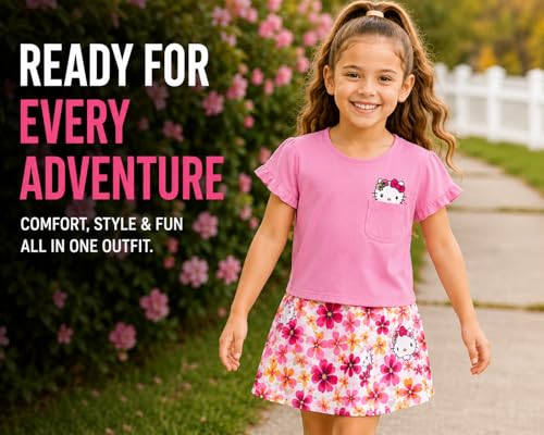 Image of Hello Kitty Girls Skort Set - 2 Piece Graphic Crewneck Top and Short Skort Cute Outfit Set (Sizes: 2T-12)