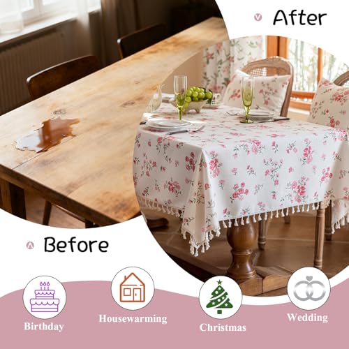 VClife White and Pink Print Table Cloth, Linen Texture Tablecloth for Rectangle Tables, Shabby Chic Vintage Flower Leaves Table Cover for 8-10 Seaters Decorative Fabric Furniture Protector, 60"x102" by VClife - Used condition - Image 4