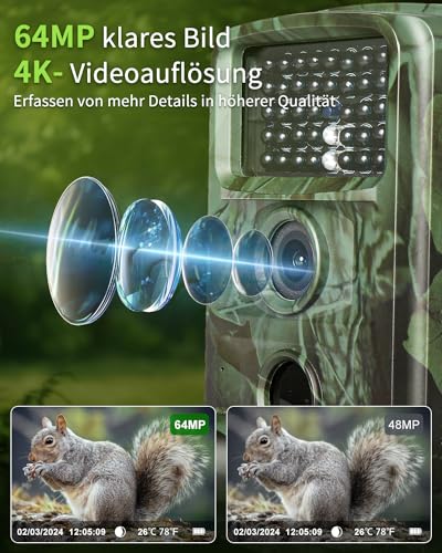 KJK 4K 64MP Wildkamera mit 64GB Speicherkarte, Wildtierkamera mit Nachtsicht, 0.05s Auslöser Bewegungsaktiviert, IP67 Wasserdicht 130° Weitwinkel 45 Stücks Infrarot-LEDs Schimmer Wildkamera