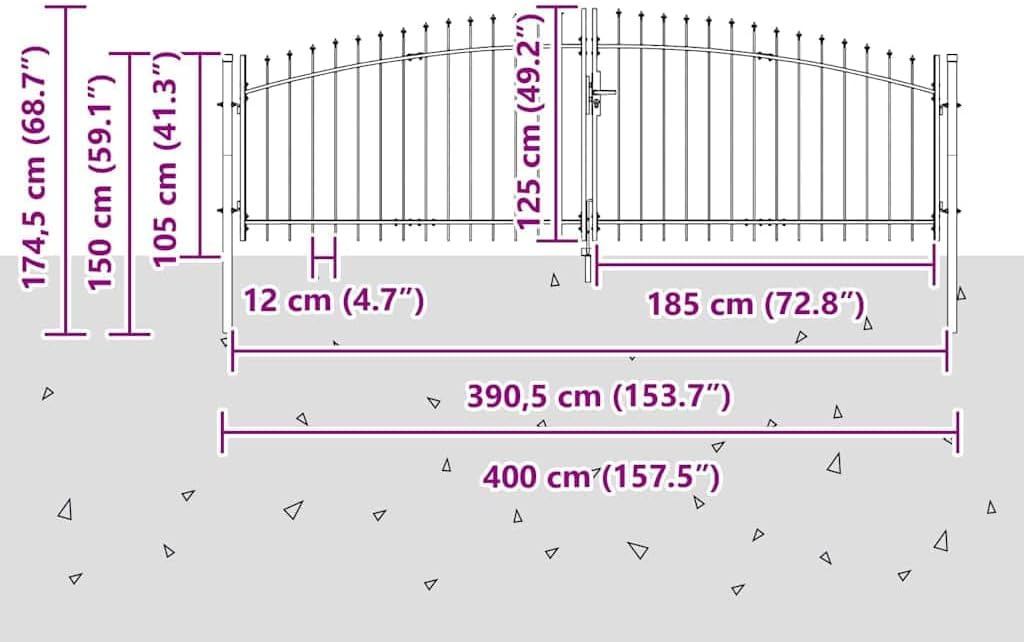 Technical drawing showing detailed dimensions of the double gate, including width, height, and post spacing.