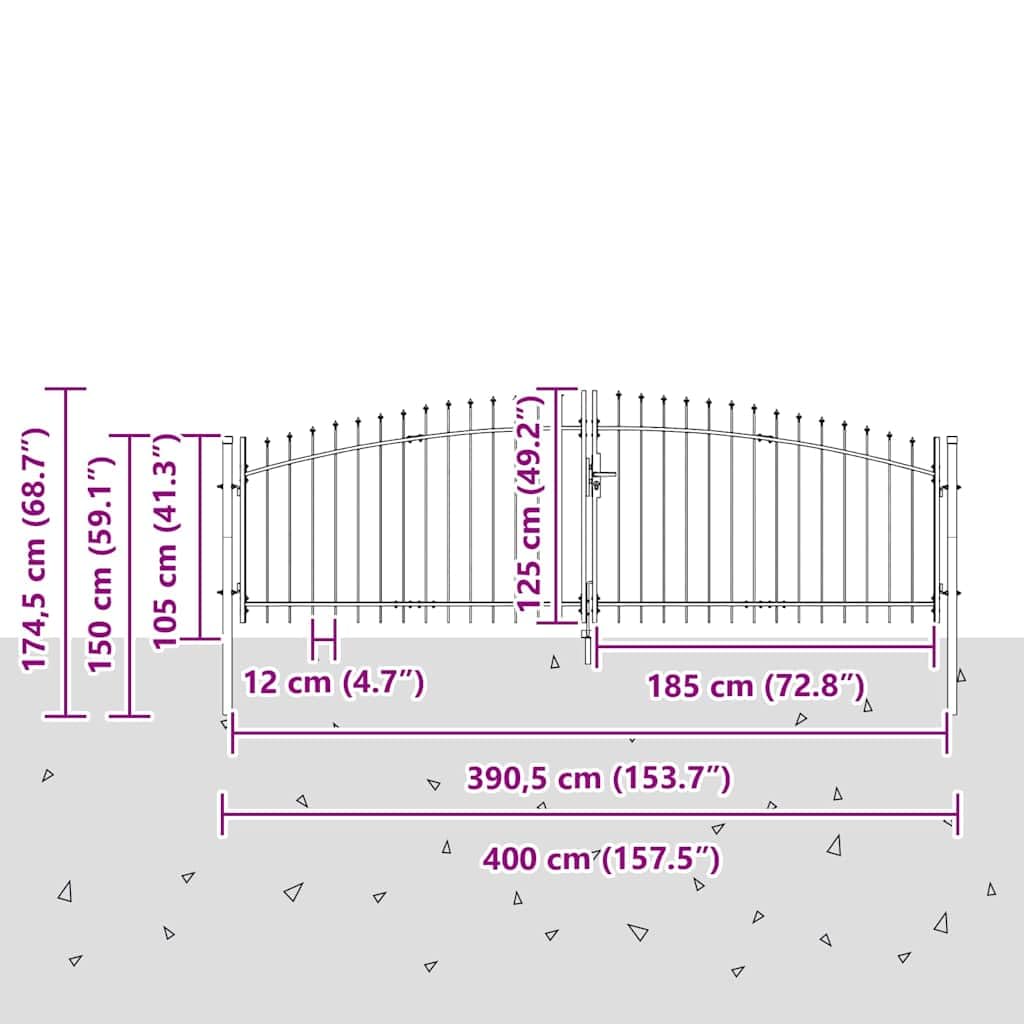 vidaXL Doppeltor mit Schloss Woerden Grau 400 x 174,5 cm Stahl, Garten- und Terrassentor, modernes U-Design, stabile Stahlkonstruktion, Schlichte Optik, sicheres Betreten, wetterfest