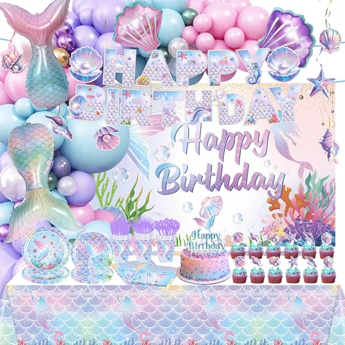 Mermaid Birthday Decorations, 213Pcs Mermaid Party Supplies Include Tablecloth, Plates,