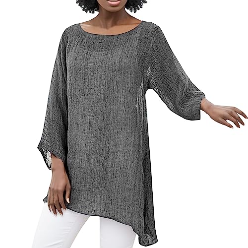 Leinenhemd Damen Lang Oberteile 3/4 Arm Baumwolle Leinen Shirt Große Größe Lockere Asymmetrisch Hem Langarmshirt Longshirt Vintage Casual Sommer...