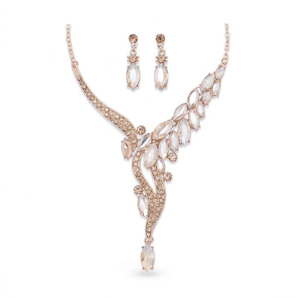 Crystal Swirl AD Stones Jewelry Set, Rhodium Plated, Hypoallergenic, Tarnish Free – Necklace & Earrings Gift for Girlfriend, Wife, Mom, Sister – Wedding, Party, Festival [Gold]