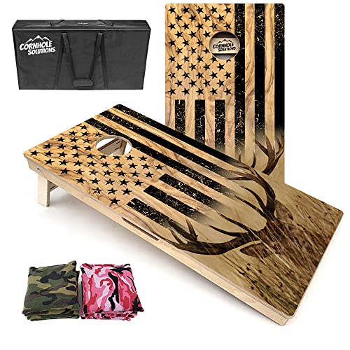 Cornhole Solutions Hunting/Fishing Designs - Professional Cornhole Boards - Includes Two Baltic Birch Cornhole Boards, 8 All Weather Bags, And Carrying Case (Wood Hidden Deer, Green & Pink Camo) #TOP4