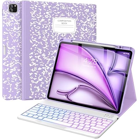 Supveco Keyboard Case for iPad Air 13 Inch (M2) 2024/iPad Pro 12.9 Inch 6th/5th Gen with Pencil Holder-7 Colors Backlit Wireless Detachable Folio Keyboard Cover for New iPad Air 13/Pro 12.9-New Lilac Cover