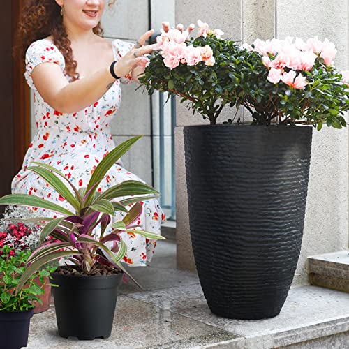 Worth Garden 21" H Tall Planters 2 Pack - 14'' Dia Resin Large Round Black Flower Pots For Outdoor Plants Trees - Imitation Stone Finish Plastic Indoor Front Porch 9 Gallon Decorative Container Patio #TOP2