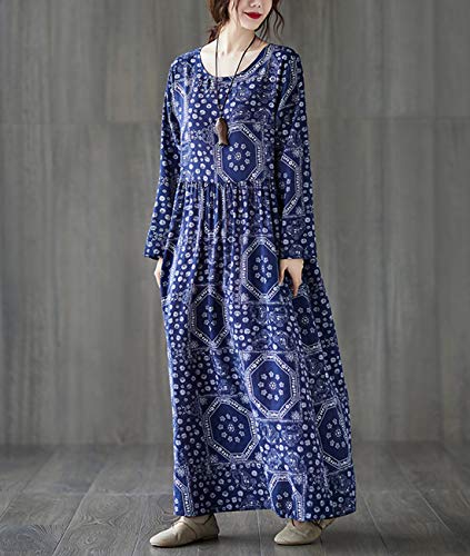 YESNO Women Long Maxi Swing Dress Casual Plus Size White Blue Printed Long Sleeve/Pocket M90