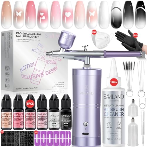 SAVILAND 7-in-1 Pro Airbrush Set: 6PSC Pink Airbrush Gel Nail Polish & Airbrush for Nails & Airbrush Cleaner & Airbrush Stencils & Protector for Fingers & Masks and Gloves Instant Nail Art