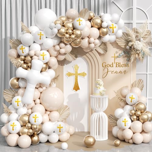 Image of First Communion Balloon Garland Kit 153Pcs, Baptism Balloon, White Sand Gold Nude Bautizo Balloons Arch Kit for First Holy Communion Baptism God Bless Christening Party Birthday Supplies