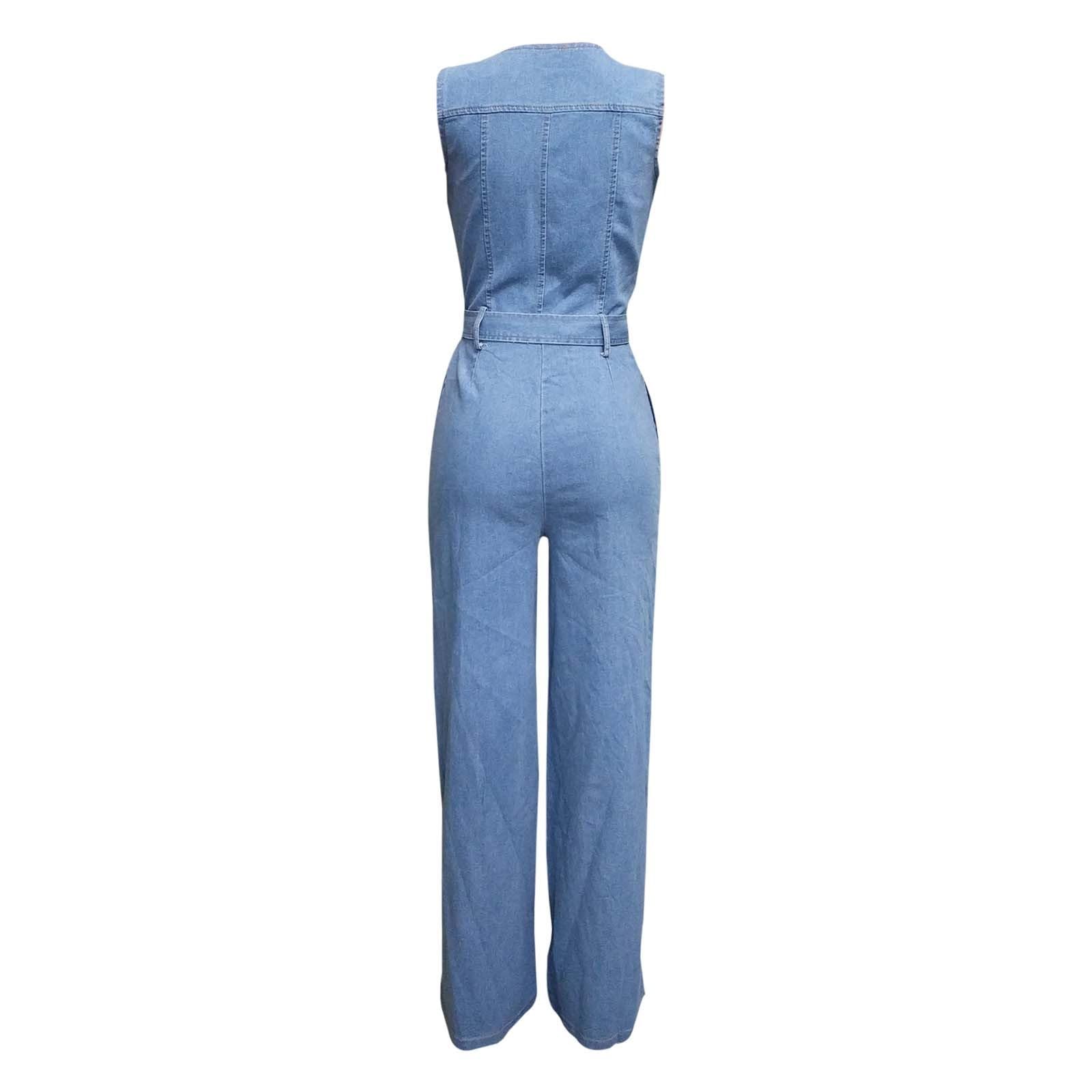 Tuta da donna con scollo a V, senza maniche, elegante, con gamba larga, casual, leggera, con cintura, tinta unita, casual, pagliaccetto, tuta intera, tuta intera, tuta estiva da spiaggia