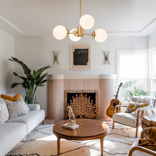 Image of Gold Sputnik Chandelier with Milk Glass Globes, 23.6 inch 4-Light Mid-Century Pendant Light for Dining Room, Living Room,Foyer, Entryway
