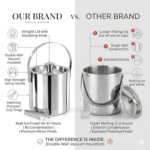 Image of finality Premium Stainless Steel Ice Bucket with Tongs and Jigger - 1 Litre Double Walled Insulated Ice Box for Bar, Home & Parties (Silver Polish IB + Tong)