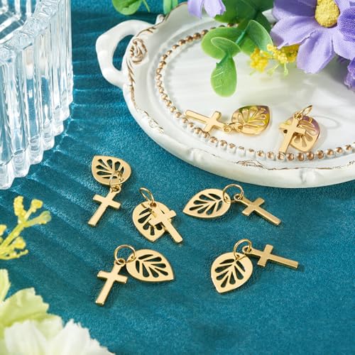 Image of 10Pcs 18K Gold Plated Cross Charms Brass Golden Crucifix with Leaf Pendants Permant Metal Jewelry Charms with Jump Ring for DIY Bracelet Necklace Earring Jewelry Making