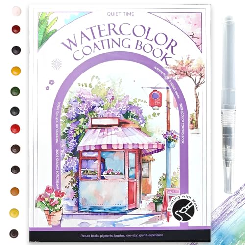 Glvomazty Libri da Colorare con Acqua, Album da Colorares ad Acqua, Watercolor Coloring Book con Pennelli e 12 Colori per Adulti Rilassamento e Antiestress, Impara ad Acquerellarli