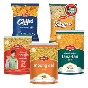 Bikaji Snacks Combo – BHUJIA & TANA-TAN (Aloo Bhujia) & FALHARI MIX & BIKAJI POTATO CHIPS MAST MASALA & Moong Dal | 5 Pack Variety | Bar Snacks, Party Mix & Tea-Time Treats – 880g