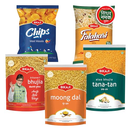 Bikaji Snacks Combo – BHUJIA & TANA-TAN (Aloo Bhujia) & FALHARI MIX & BIKAJI POTATO CHIPS MAST MASALA & Moong Dal | 5 Pack Variety | Bar Snacks, Party Mix & Tea-Time Treats – 880g