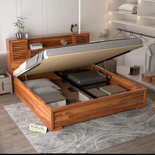 Image of Kunjal Furniture Sheesham Wood Solid Double Bed with Hydraulic Storage & Cushioned Headboard for Bedroom (Flyding Natural, King)