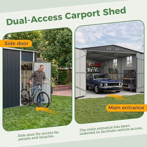 Image of AirWire 12x20 FT Storage Shed, Large Metal Garden Shed with Double Lockable Doors, 2 Windows & Air Vents, Garage Car Shelter with Side Door for Backyard Garden Patio Lawn, Cars Trucks Boat, Black