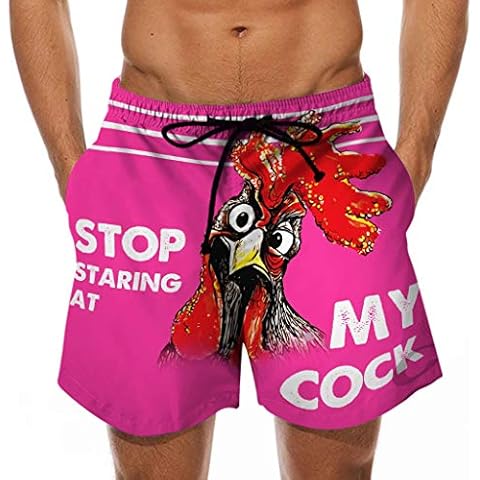 Hyalllife Mens Surfing Swimming Trunks Novelty Vintage 3D Printed Summer Quick Dry Beach Shorts Casual Elastic Waist Prank Swim Trunks,Stop Staring at My Cock Beach Board Shorts Hot Pink,L Cover