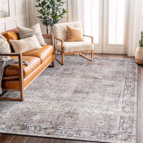 Rugshop Olive/Gray Vintage Distressed Area Rug — Machine Washable, 5' X 7' for Living Room, Bedroom and Home Office