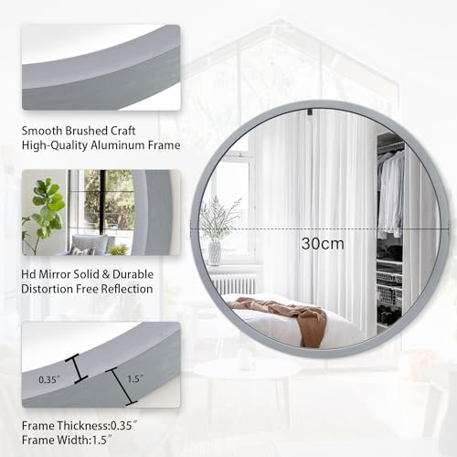 JJUUYOU Wall Round Mirror Wall Mounted Circle Mirror Hanging Round Mirrors Gray Metal Framed Mirrors for Bathroom Vanity Bedroom Home Decor - Image 2