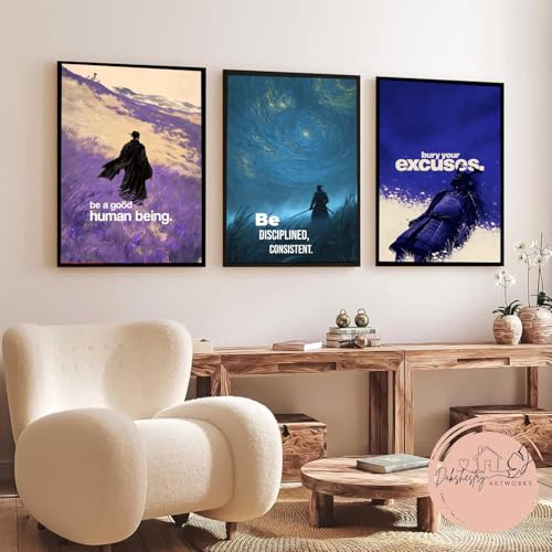 Image of DAKSHESTRY ARTWORKS Set of 3 Samurai Motivational Wall Art Prints - Warrior Discipline Quote Framed Posters for Bedroom Office Home Gym Decor (A4 8x12 Inch, Black Frame)