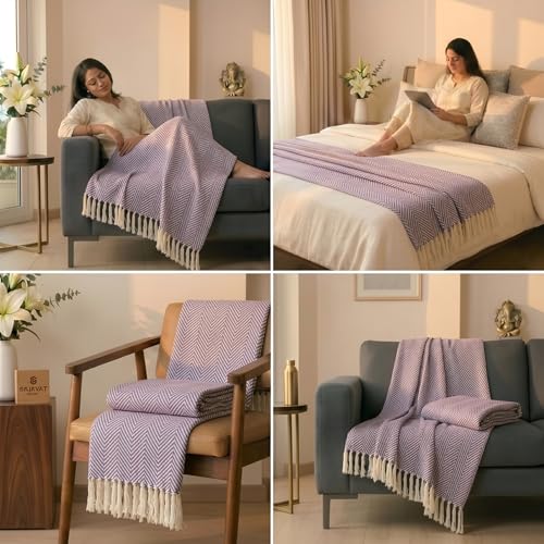 Image of SAJAVAT HOME Hand-Knitted Cotton Sofa Throw | White & Purple with Tassel Design for 3 & 5 Seater Sofa & Bed | Soft Lightweight All-Season Throw Blanket (80x52 Inches)