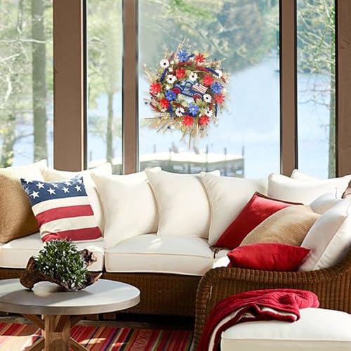 Idyllic 4th of July Wreath Patriotic Wreath Independence Day Wreath for Front Door, Red White and Blue Daisy Wreath for Memorial Day Independence Day Veterans Day Front Door Decoration