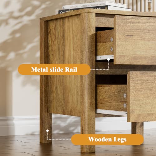 Image of Furniway Nightstands Set of 2, 2 Drawer Nightstand with Wood Legs, Mid-Century Modern Bedside Table with Storage, Wooden End Table for Bedroom, Oak