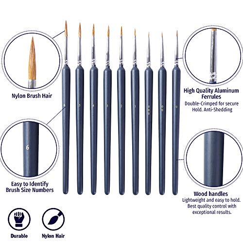 OOKU Detail Paint Brush Set 9pc- Professional Tiny Minature Fine Detail Brushes for Art Painting, Face Painting, Detailing, Model Craft Art Painting - Black Wooden Handle & Wool Storage Wrap Organizer