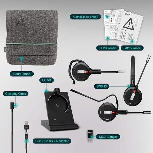 Image of EPOS Impact 5000 Go MS 3-in-1 Wireless DECT Headset with USB-A Dongle, Foldable Charge Stand, Microsoft Teams Certified, Noise-Cancelling Mic, Up to 135m Range