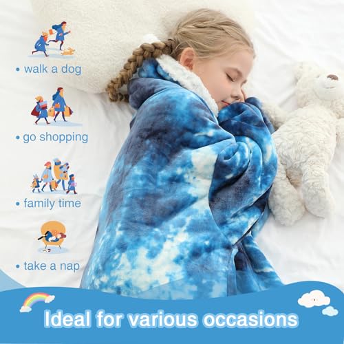 Kipswiza Blanket Hoodie for Kids Oversized Wearable Blanket, Super Soft Warm Sherpa Fleece Blankets Sweatshirt for Girls Boys Children - Blue Tie Dye