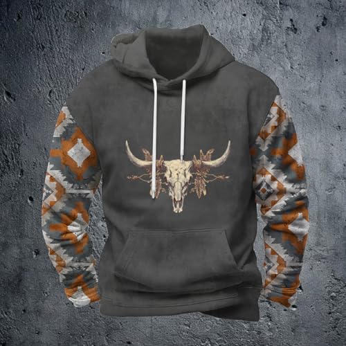 Men's Aztec Hoodies 2025 Trendy Graphic Western Sweatshirts Hooded Patchwork Cowboy Outfits with Kangaroo Pocket4