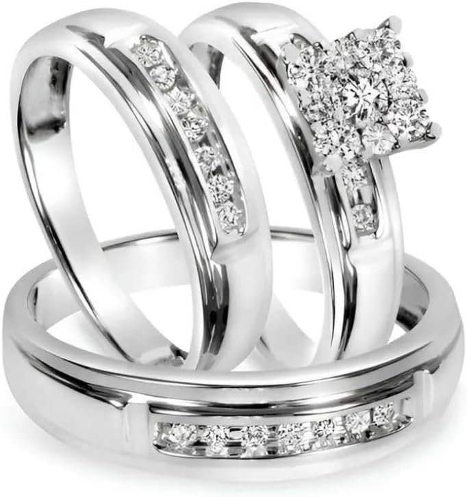 3 Ct Round Cut Diamond Modern Classy 3 Pcs Bridal His Her Wedding Band Set 14K White Gold Plated Men Women Couple Band Set 925 Sterling Silver Handmade Bride Groom Engagement Ring Set Gift For Her