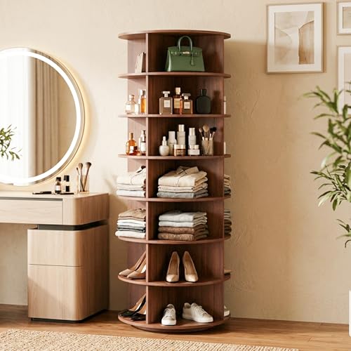 Image of 360 Rotating Multipurpose Storage Cabinet - Laminated Engineered Wood Organizer Rack | Space-Saving Rotating Shelf for Bedroom, Living Room, Dressing Area & Bathroom (Teak Brown, 7-Tier)