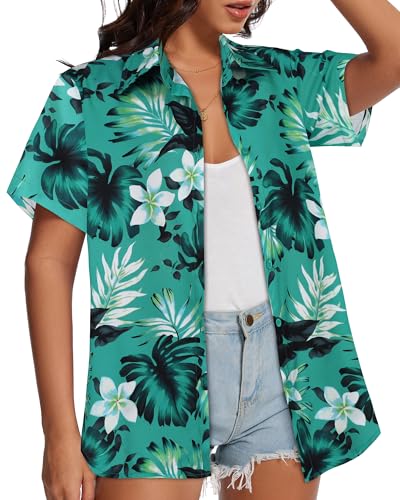 Image of Women Hawaiian Shirt Button Down Summer Tops Beach Short Sleeve Blouse
