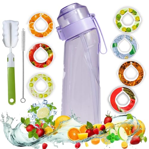 Air Water Bottle with Flavour Pods, 650ML New Fruit Scented Water Bottle With 7 Flavour Pods and 2 brushes, Starter Set 0 Sugar Calorie Water Cup BPA Free &Leak Proof for Gym Sports Outdoor(Purple)