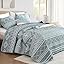 Yiran Grayish Blue Boho Quilt Set Queen Size, Stripe