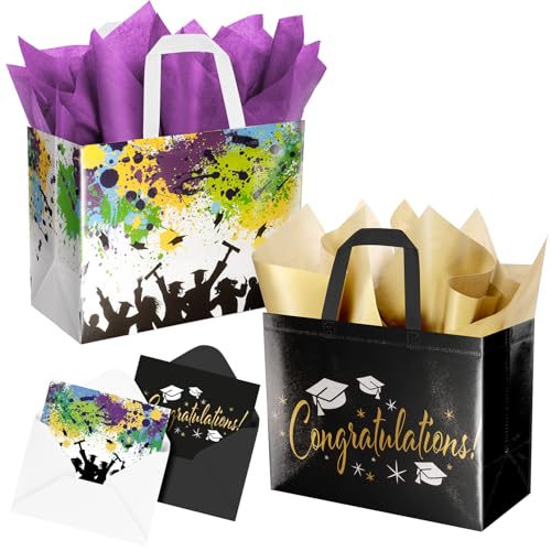 ysmile 2-Pack 2026 Graduation Gift Bags with Tissue Paper & Cards Reusable Non-Woven Totes for Grad Congrats (12.6 White Colorful & Black Gold)