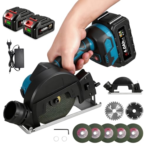 ONEVAN Akku Winkelschleifer 100mm, Akku Trennschleifer Bürstenlos 900W, 12000 U/min, Angle Grinder mit Tiefenverstellung und Staubabzug, 2x4.0Ah Akkus, 7-teiliges Scheiben Set, für Metall, Stein, Holz