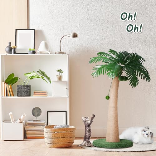 Image of 43.3inch Palm Tree Shape Style Sisal Cat Tree Scratching Post Cats, Wear Resistant Cat Claw Scratcher with Plush Stable Base & Hanging Toy Ball, Green