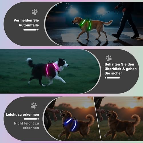 KOSKILL LED Hundegeschirr RGB wiederaufladbar mit Type C Ladung und Akku Anzeige superhelles Reflex Sicherheitsgeschirr für kleine mittlere Grosse Hunde Nacht wasserdicht leicht atmungsaktiv