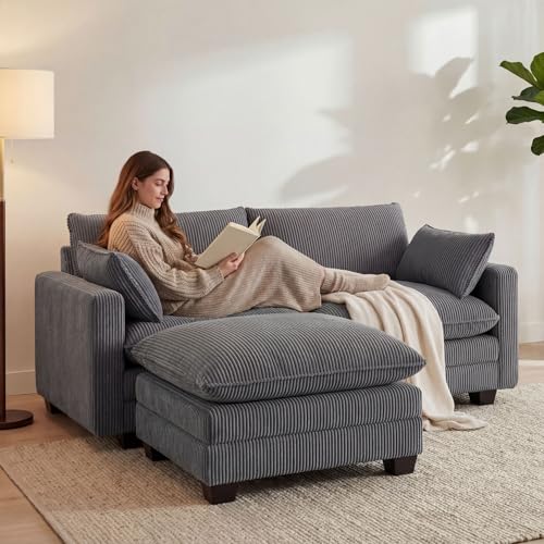 Image of Gizoon 75'' Loveseat with Ottoman for Small Space L Shaped Cloud Coucher with Deep Seats, 2 Seater Love Seat Sofa with Washable Corduroy Cover for Living Room Bedroom, Gray